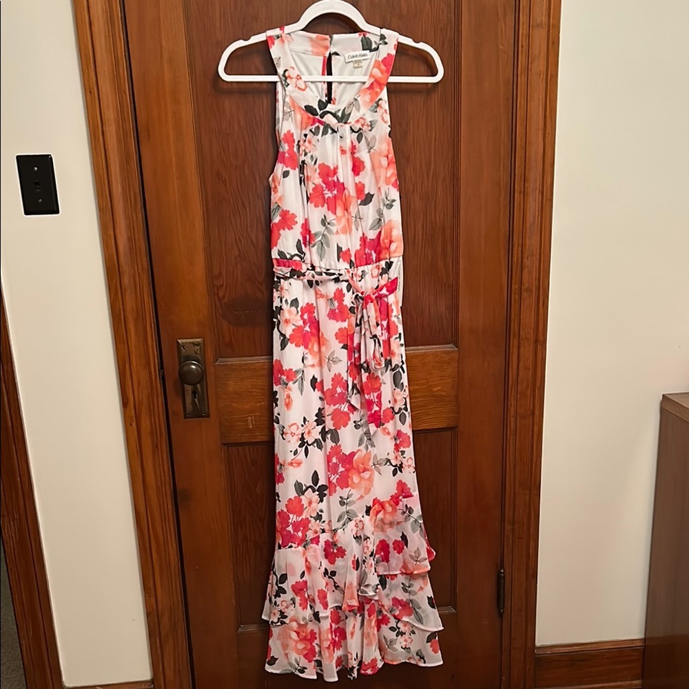 Calvin Klein Pink and White Ruffled Tiered Maxi Dress